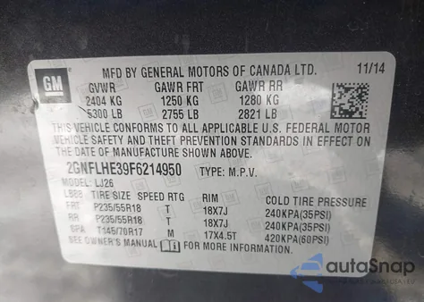 2015 Chevrolet Equinox Ltz from USA, damaged, VIN 2GNFLHE39F6214950